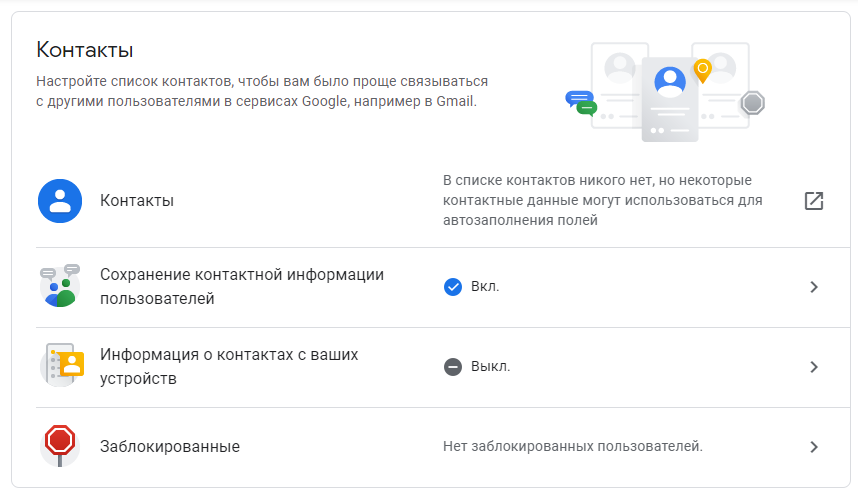 Меню контактов