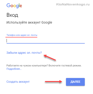 Форма входа в гугл-аккаунт