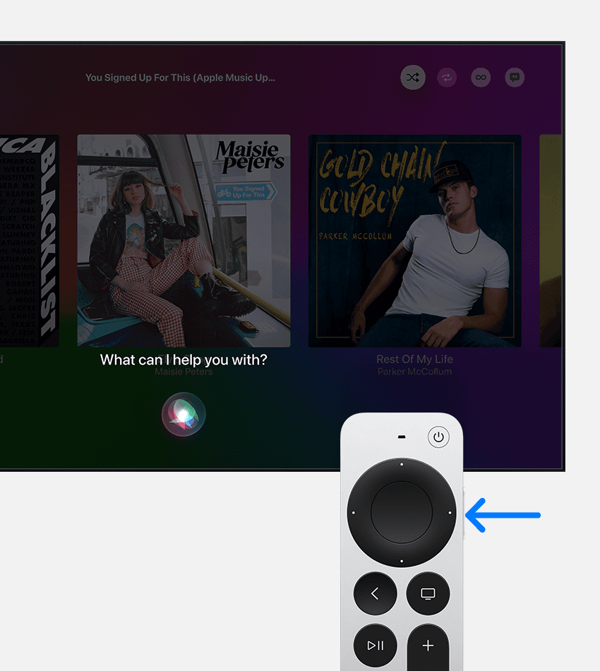 Стрелка указывает на кнопку Siri на пульте Apple TV Remote