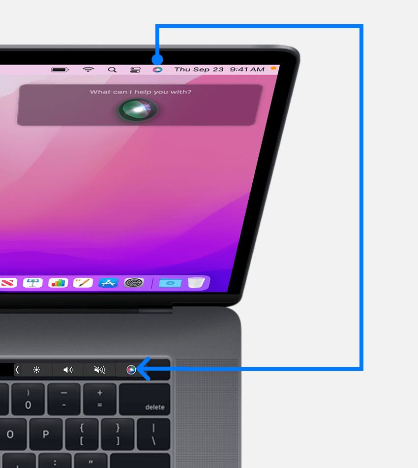 Macbook Pro с Touch Bar показывает кнопку Siri в строке меню и Touch Bar