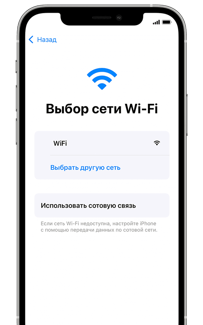 Экран с опцией «Выбрать сеть Wi-Fi» или «Использовать сотовую связь»