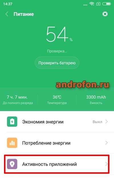 Элемент «Активность приложения».