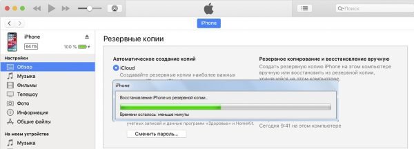 Окно процесса восстановления данных iPhone