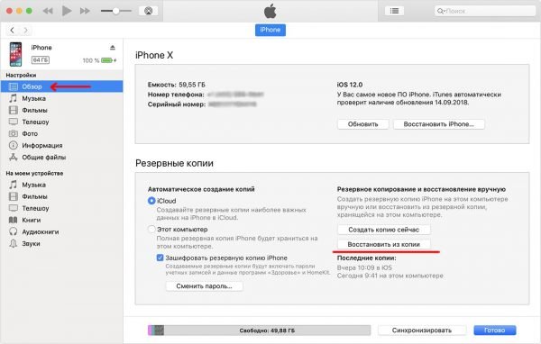 Окно настроек iPhone в iTunes