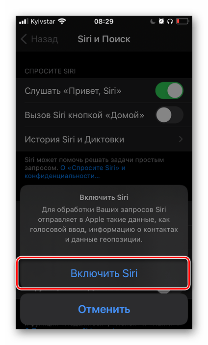 Подтвердите включение Listen Hey Siri в настройках iOS на iPhone