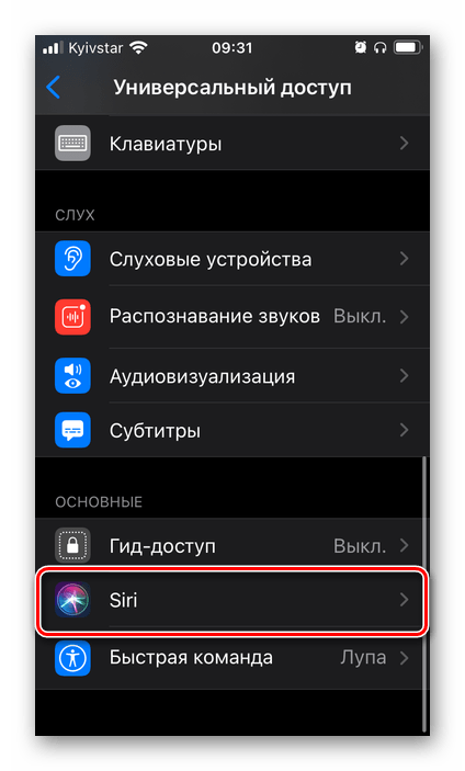 Выбор Siri в параметрах доступности для голосового помощника Siri в настройках iOS на iPhone