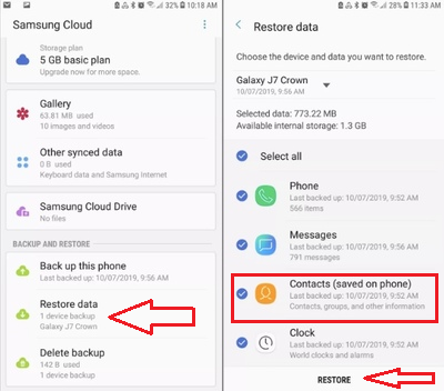 Как восстановить контакты через Samsung Cloud? - два