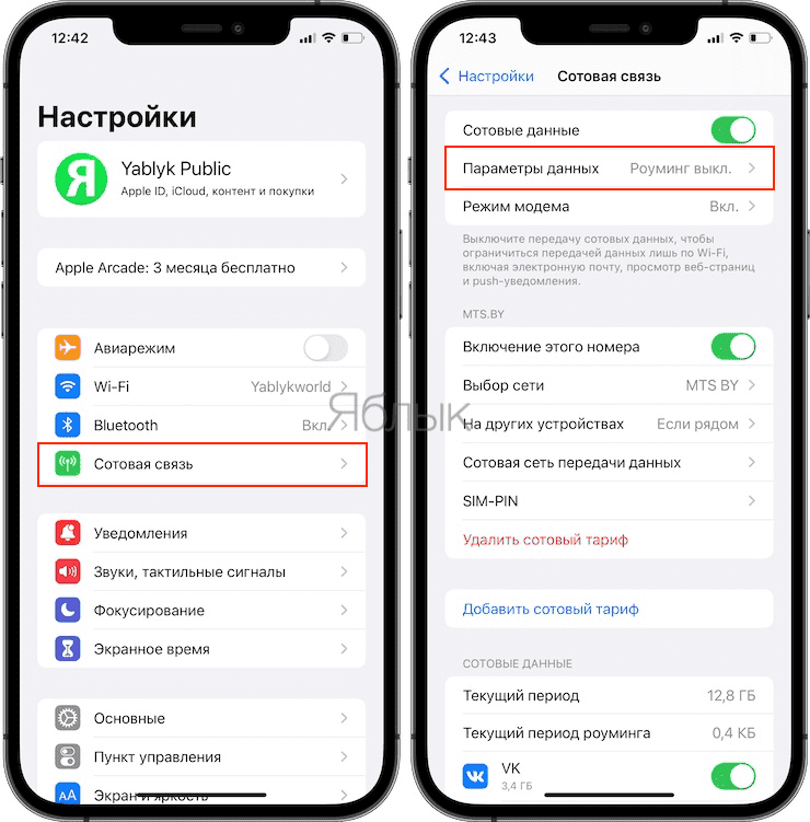 Настройки мобильных данных на iPhone